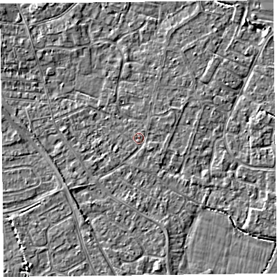 Shaded relief map of the ground around TA81NB, computed from Environment Agency LiDAR. The ground here sits at about 6 m above sea level and falls 4 m across the surrounding 800 m. Surface water reaching this point runs off ground lying to the south-east, 0.7 m higher.