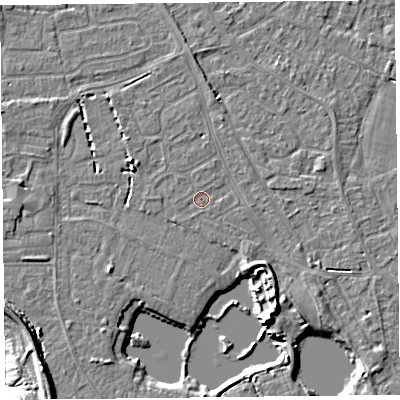 Shaded relief map of the ground around TA81NE, computed from Environment Agency LiDAR. The ground here sits at about 6 m above sea level and falls 11 m across the surrounding 800 m. Surface water reaching this point runs off ground lying to the east, 0.6 m higher.