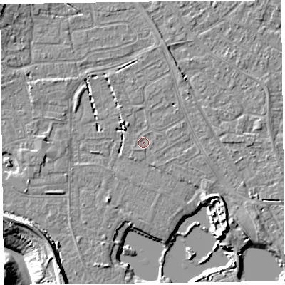 Shaded relief map of the ground around TA81NF, computed from Environment Agency LiDAR. The ground here sits at about 6 m above sea level and falls 12 m across the surrounding 800 m. The ground contributing surface water to this point lies to the south.