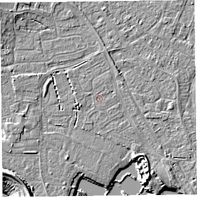 Shaded relief map of the ground around TA81NG, computed from Environment Agency LiDAR. The ground here sits at about 6 m above sea level and falls 11 m across the surrounding 800 m. Surface water reaching this point runs off ground lying to the north-east, 1.1 m higher.