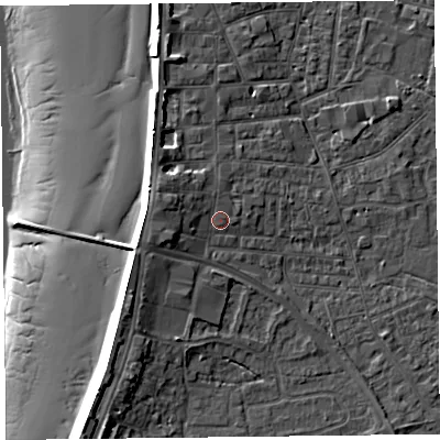 Shaded relief map of the ground around TA81NX, computed from Environment Agency LiDAR. The ground here sits at about 8 m above sea level and falls 15 m across the surrounding 800 m. Surface water reaching this point runs off ground lying to the west-north-west, 2.6 m higher.