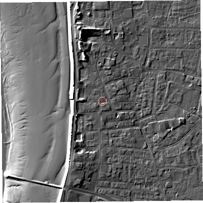 Shaded relief map of the ground around TA81PE, computed from Environment Agency LiDAR. The ground here sits at about 8 m above sea level and falls 17 m across the surrounding 800 m. Surface water reaching this point runs off ground lying to the north-north-west, 4.4 m higher.