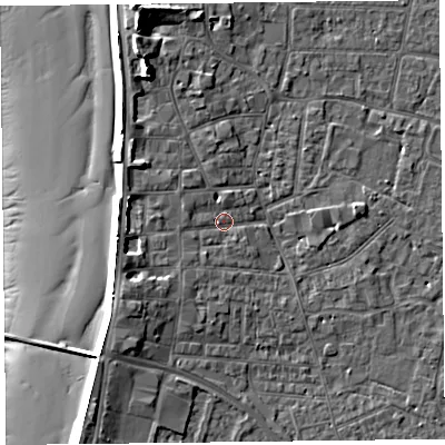 Shaded relief map of the ground around TA81PF, computed from Environment Agency LiDAR. The ground here sits at about 7 m above sea level and falls 13 m across the surrounding 800 m. Surface water reaching this point runs off ground lying to the south-west, 3.6 m higher.