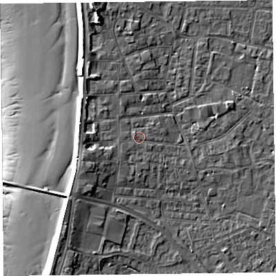 Shaded relief map of the ground around TA81PG, computed from Environment Agency LiDAR. The ground here sits at about 7 m above sea level and falls 15 m across the surrounding 800 m. Surface water reaching this point runs off ground lying to the south-west, 1.1 m higher.