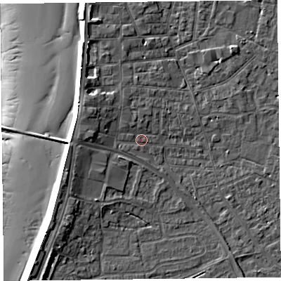 Shaded relief map of the ground around TA81PH, computed from Environment Agency LiDAR. The ground here sits at about 7 m above sea level and falls 13 m across the surrounding 800 m. Surface water reaching this point runs off ground lying to the west-north-west, 3.5 m higher.