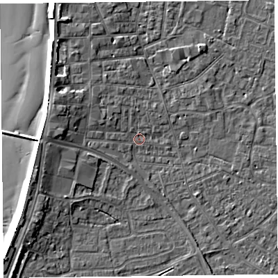 Shaded relief map of the ground around TA81PJ, computed from Environment Agency LiDAR. The ground here sits at about 6 m above sea level and falls 8 m across the surrounding 800 m. Surface water reaching this point runs off ground lying to the west-north-west, 4.0 m higher.