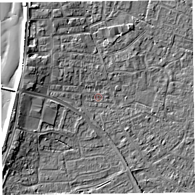Shaded relief map of the ground around TA81PL, computed from Environment Agency LiDAR. The ground here sits at about 6 m above sea level and falls 7 m across the surrounding 800 m. Surface water reaching this point runs off ground lying to the west-north-west, 2.1 m higher.