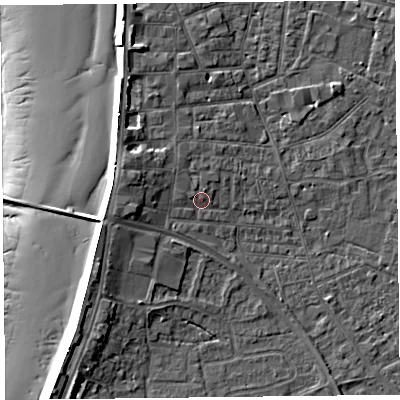 Shaded relief map of the ground around TA81PN, computed from Environment Agency LiDAR. The ground here sits at about 7 m above sea level and falls 14 m across the surrounding 800 m. Surface water reaching this point runs off ground lying to the west-north-west, 3.2 m higher.