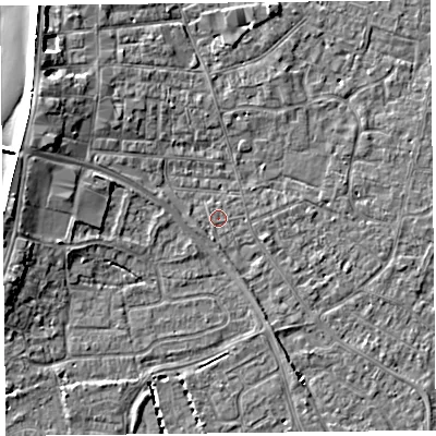 Shaded relief map of the ground around TA81PP, computed from Environment Agency LiDAR. The ground here sits at about 6 m above sea level and falls 7 m across the surrounding 800 m. Surface water reaching this point runs off ground lying to the south-west, 1.0 m higher.