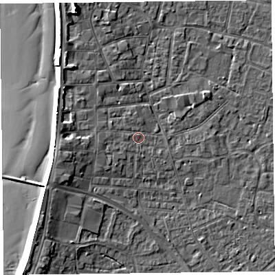 Shaded relief map of the ground around TA81PQ, computed from Environment Agency LiDAR. The ground here sits at about 7 m above sea level and falls 11 m across the surrounding 800 m. Surface water reaching this point runs off ground lying to the west-south-west, 1.5 m higher.
