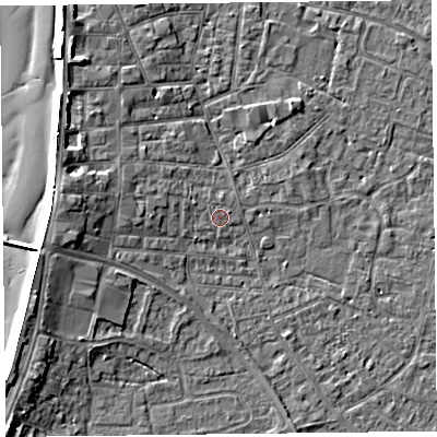 Shaded relief map of the ground around TA81PR, computed from Environment Agency LiDAR. The ground here sits at about 6 m above sea level and falls 7 m across the surrounding 800 m. Surface water reaching this point runs off ground lying to the north, 0.6 m higher.
