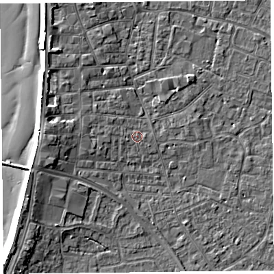 Shaded relief map of the ground around TA81PS, computed from Environment Agency LiDAR. The ground here sits at about 7 m above sea level and falls 8 m across the surrounding 800 m. Surface water reaching this point runs off ground lying to the west, 1.8 m higher.
