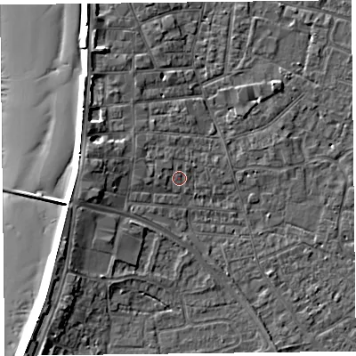 Shaded relief map of the ground around TA81PT, computed from Environment Agency LiDAR. The ground here sits at about 7 m above sea level and falls 10 m across the surrounding 800 m. Surface water reaching this point runs off ground lying to the west, 1.3 m higher.