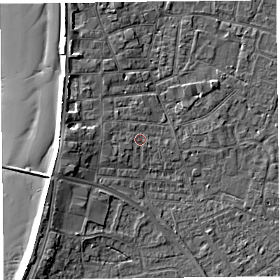 Shaded relief map of the ground around TA81PU, computed from Environment Agency LiDAR. The ground here sits at about 7 m above sea level and falls 9 m across the surrounding 800 m. Surface water reaching this point runs off ground lying to the west, 1.4 m higher.