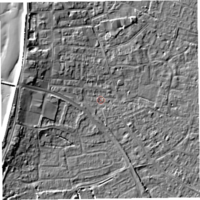 Shaded relief map of the ground around TA81PW, computed from Environment Agency LiDAR. The ground here sits at about 6 m above sea level and falls 7 m across the surrounding 800 m. Surface water reaching this point runs off ground lying to the west-north-west, 4.5 m higher.