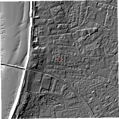 Shaded relief map of the ground around TA81PX, computed from Environment Agency LiDAR. The ground here sits at about 7 m above sea level and falls 11 m across the surrounding 800 m. Surface water reaching this point runs off ground lying to the west, 1.2 m higher.