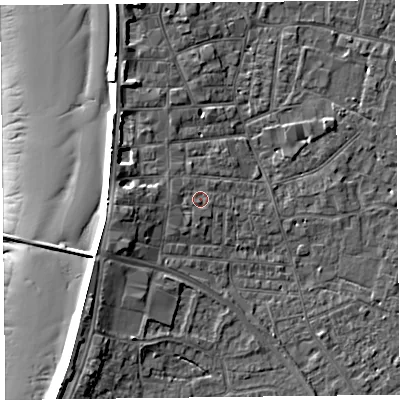 Shaded relief map of the ground around TA81PY, computed from Environment Agency LiDAR. The ground here sits at about 7 m above sea level and falls 13 m across the surrounding 800 m. Surface water reaching this point runs off ground lying to the west, 1.0 m higher.