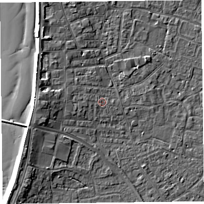 Shaded relief map of the ground around TA81QA, computed from Environment Agency LiDAR. The ground here sits at about 7 m above sea level and falls 8 m across the surrounding 800 m. Surface water reaching this point runs off ground lying to the west, 1.8 m higher.