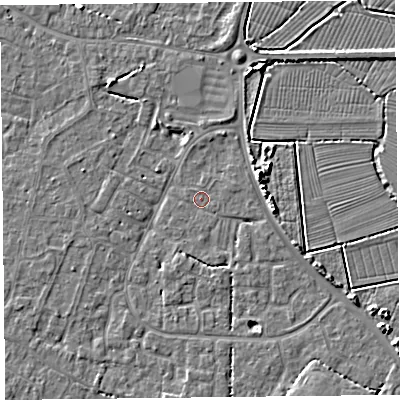 Shaded relief map of the ground around TA81QB, computed from Environment Agency LiDAR. The ground here sits at about 6 m above sea level and falls 5 m across the surrounding 800 m. Surface water reaching this point runs off ground lying to the south, 1.5 m higher.