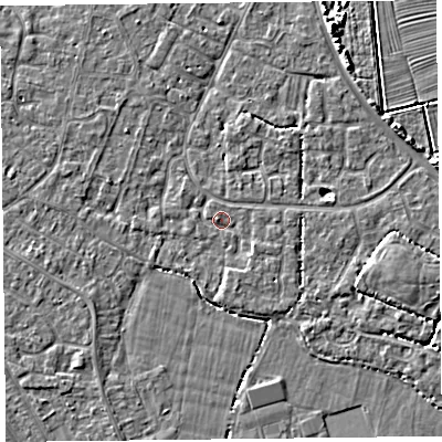 Shaded relief map of the ground around TA81QD, computed from Environment Agency LiDAR. The ground here sits at about 5 m above sea level and falls 5 m across the surrounding 800 m. Surface water reaching this point runs off ground lying to the south-east, 1.0 m higher.