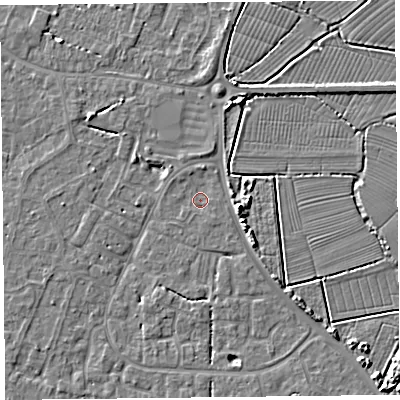 Shaded relief map of the ground around TA81QE, computed from Environment Agency LiDAR. The ground here sits at about 5 m above sea level and falls 5 m across the surrounding 800 m. Surface water reaching this point runs off ground lying to the south-south-east, 0.7 m higher.