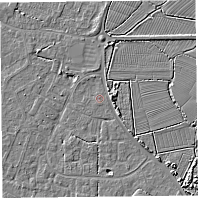 Shaded relief map of the ground around TA81QF, computed from Environment Agency LiDAR. The ground here sits at about 6 m above sea level and falls 5 m across the surrounding 800 m. Surface water reaching this point runs off ground lying to the south-south-west, 0.6 m higher.
