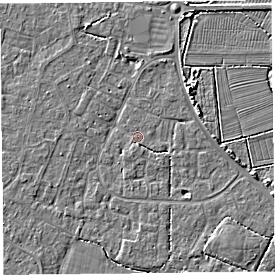 Shaded relief map of the ground around TA81QG, computed from Environment Agency LiDAR. The ground here sits at about 5 m above sea level and falls 5 m across the surrounding 800 m. Surface water reaching this point runs off ground lying to the south-south-west, 1.3 m higher.