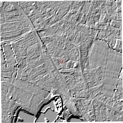 Shaded relief map of the ground around TA81QH, computed from Environment Agency LiDAR. The ground here sits at about 6 m above sea level and falls 6 m across the surrounding 800 m. Surface water reaching this point runs off ground lying to the south-east, 0.9 m higher.