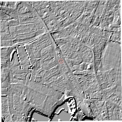 Shaded relief map of the ground around TA81QJ, computed from Environment Agency LiDAR. The ground here sits at about 6 m above sea level and falls 6 m across the surrounding 800 m. The ground contributing surface water to this point lies to the north-north-west.