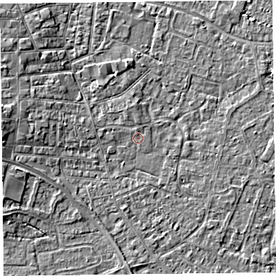 Shaded relief map of the ground around TA81QP, computed from Environment Agency LiDAR. The ground here sits at about 6 m above sea level and falls 5 m across the surrounding 800 m. Surface water reaching this point runs off ground lying to the north, 0.9 m higher.