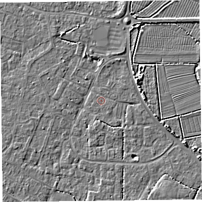 Shaded relief map of the ground around TA81QQ, computed from Environment Agency LiDAR. The ground here sits at about 5 m above sea level and falls 5 m across the surrounding 800 m. Surface water reaching this point runs off ground lying to the south, 1.5 m higher.