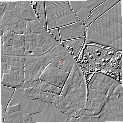 Shaded relief map of the ground around TA81QR, computed from Environment Agency LiDAR. The ground here sits at about 6 m above sea level and falls 5 m across the surrounding 800 m. Surface water reaching this point runs off ground lying to the south-south-west, 2.0 m higher.