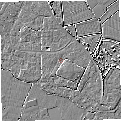 Shaded relief map of the ground around TA81QS, computed from Environment Agency LiDAR. The ground here sits at about 6 m above sea level and falls 5 m across the surrounding 800 m. Surface water reaching this point runs off ground lying to the south-east, 1.9 m higher.