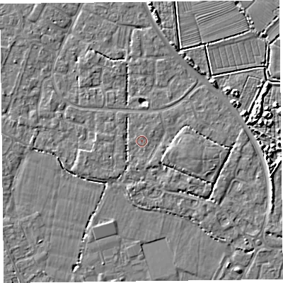 Shaded relief map of the ground around TA81QU, computed from Environment Agency LiDAR. The ground here sits at about 6 m above sea level and falls 4 m across the surrounding 800 m. Surface water reaching this point runs off ground lying to the east, 1.9 m higher.