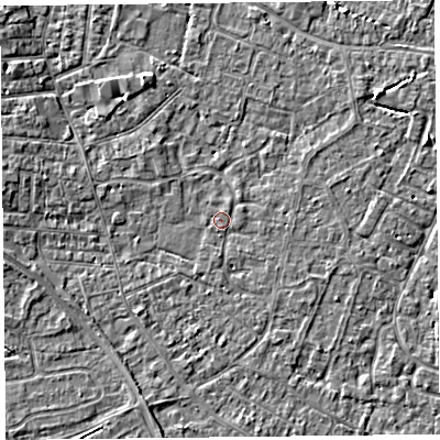 Shaded relief map of the ground around TA81QW, computed from Environment Agency LiDAR. The ground here sits at about 6 m above sea level and falls 4 m across the surrounding 800 m. Surface water reaching this point runs off ground lying to the south-west, 1.5 m higher.