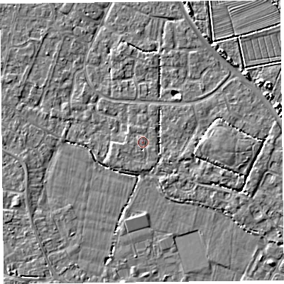 Shaded relief map of the ground around TA81QX, computed from Environment Agency LiDAR. The ground here sits at about 6 m above sea level and falls 4 m across the surrounding 800 m. The ground contributing surface water to this point lies to the west-south-west.
