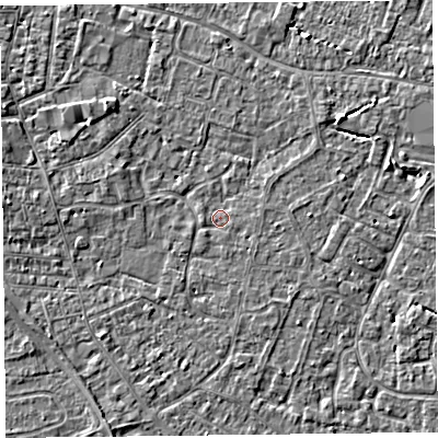 Shaded relief map of the ground around TA81RE, computed from Environment Agency LiDAR. The ground here sits at about 6 m above sea level and falls 3 m across the surrounding 800 m. Surface water reaching this point runs off ground lying to the south-west, 1.5 m higher.