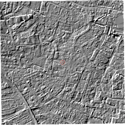 Shaded relief map of the ground around TA81RF, computed from Environment Agency LiDAR. The ground here sits at about 6 m above sea level and falls 3 m across the surrounding 800 m. Surface water reaching this point runs off ground lying to the west-south-west, 1.5 m higher.