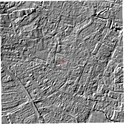 Shaded relief map of the ground around TA81RG, computed from Environment Agency LiDAR. The ground here sits at about 6 m above sea level and falls 3 m across the surrounding 800 m. Surface water reaching this point runs off ground lying to the west-south-west, 1.5 m higher.