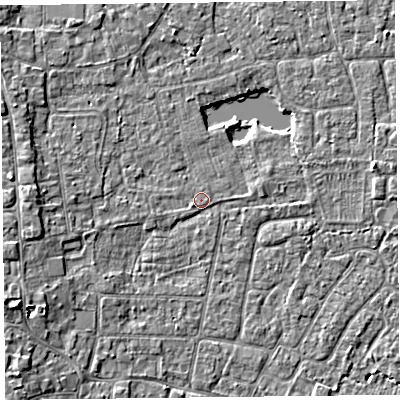 Shaded relief map of the ground around TA82AF, computed from Environment Agency LiDAR. The ground here sits at about 6 m above sea level and falls 5 m across the surrounding 800 m. Surface water reaching this point runs off ground lying to the west, 2.7 m higher.