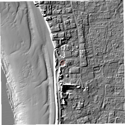 Shaded relief map of the ground around TA82AG, computed from Environment Agency LiDAR. The ground here sits at about 8 m above sea level and falls 17 m across the surrounding 800 m. Surface water reaching this point runs off ground lying to the north, 1.6 m higher.
