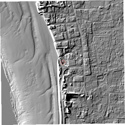 Shaded relief map of the ground around TA82AH, computed from Environment Agency LiDAR. The ground here sits at about 7 m above sea level and falls 19 m across the surrounding 800 m. Surface water reaching this point runs off ground lying to the south, 2.8 m higher.