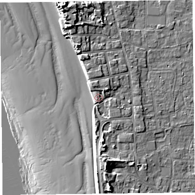 Shaded relief map of the ground around TA82AL, computed from Environment Agency LiDAR. The ground here sits at about 9 m above sea level and falls 20 m across the surrounding 800 m. Surface water reaching this point runs off ground lying to the north-east, 3.9 m higher.