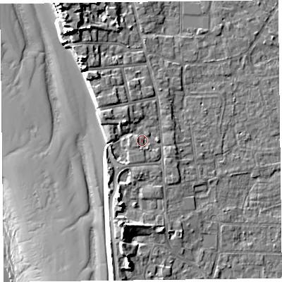 Shaded relief map of the ground around TA82AN, computed from Environment Agency LiDAR. The ground here sits at about 8 m above sea level and falls 20 m across the surrounding 800 m. Surface water reaching this point runs off ground lying to the west, 1.1 m higher.