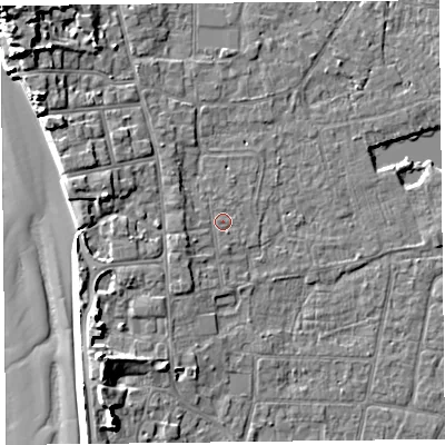 Shaded relief map of the ground around TA82AP, computed from Environment Agency LiDAR. The ground here sits at about 7 m above sea level and falls 13 m across the surrounding 800 m. Surface water reaching this point runs off ground lying to the west-south-west, 1.5 m higher.