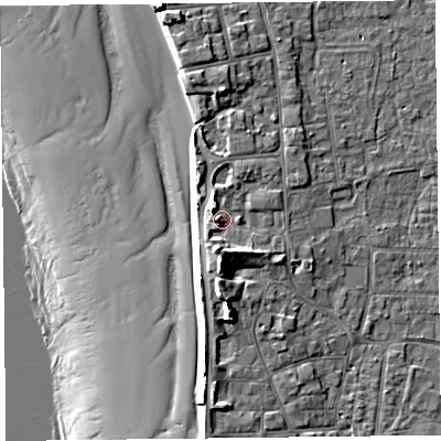 Shaded relief map of the ground around TA82AQ, computed from Environment Agency LiDAR. The ground here sits at about 9 m above sea level and falls 17 m across the surrounding 800 m. Surface water reaching this point runs off ground lying to the south, 4.9 m higher.