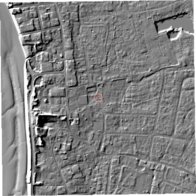 Shaded relief map of the ground around TA82AR, computed from Environment Agency LiDAR. The ground here sits at about 6 m above sea level and falls 10 m across the surrounding 800 m. Surface water reaching this point runs off ground lying to the west-south-west, 6.5 m higher.