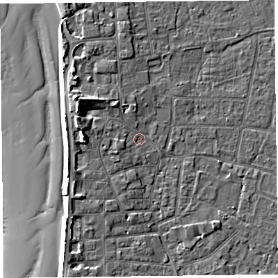 Shaded relief map of the ground around TA82AS, computed from Environment Agency LiDAR. The ground here sits at about 7 m above sea level and falls 12 m across the surrounding 800 m. Surface water reaching this point runs off ground lying to the west-north-west, 5.8 m higher.