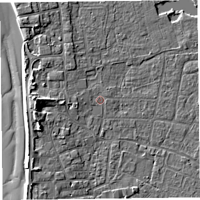 Shaded relief map of the ground around TA82AT, computed from Environment Agency LiDAR. The ground here sits at about 6 m above sea level and falls 9 m across the surrounding 800 m. Surface water reaching this point runs off ground lying to the west, 1.2 m higher.