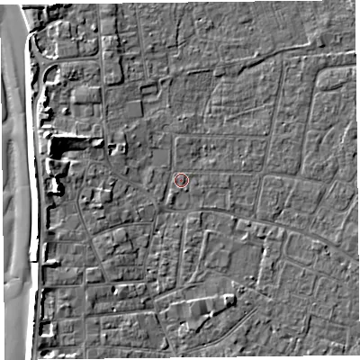 Shaded relief map of the ground around TA82AU, computed from Environment Agency LiDAR. The ground here sits at about 6 m above sea level and falls 9 m across the surrounding 800 m. Surface water reaching this point runs off ground lying to the west-north-west, 2.2 m higher.